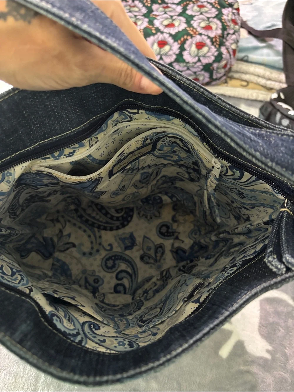 Vera Bradley Denim Quilted Shoulder Bag with Front Zip Pocket - Dark Blue